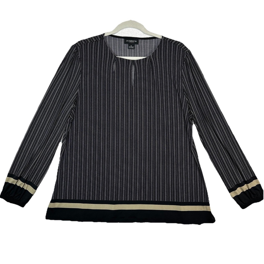 Liz Claiborne Career Going Dotty Blouse Womens XL Black Tan Long Sleeve New